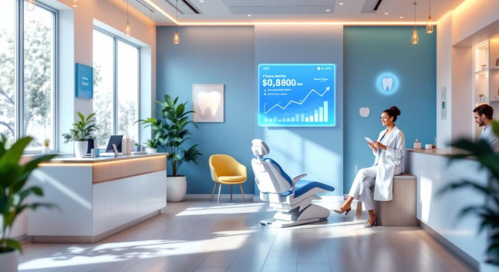 A modern dental clinic with a welcoming reception area and advanced dental chairs, showcasing a financial growth display.