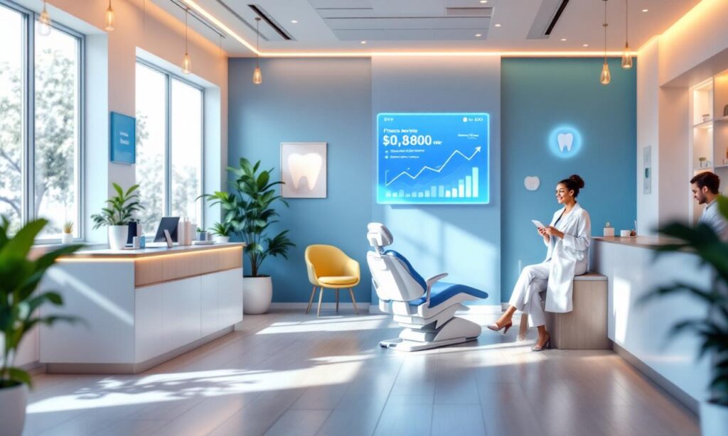 A modern dental clinic with a welcoming reception area and advanced dental chairs, showcasing a financial growth display.