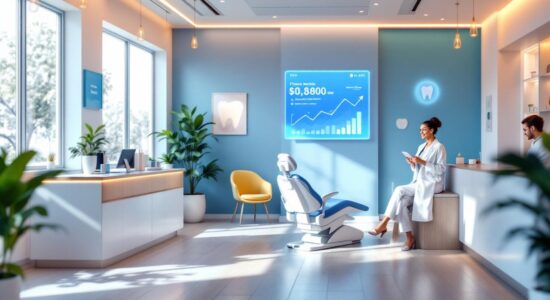 A modern dental clinic with a welcoming reception area and advanced dental chairs, showcasing a financial growth display.