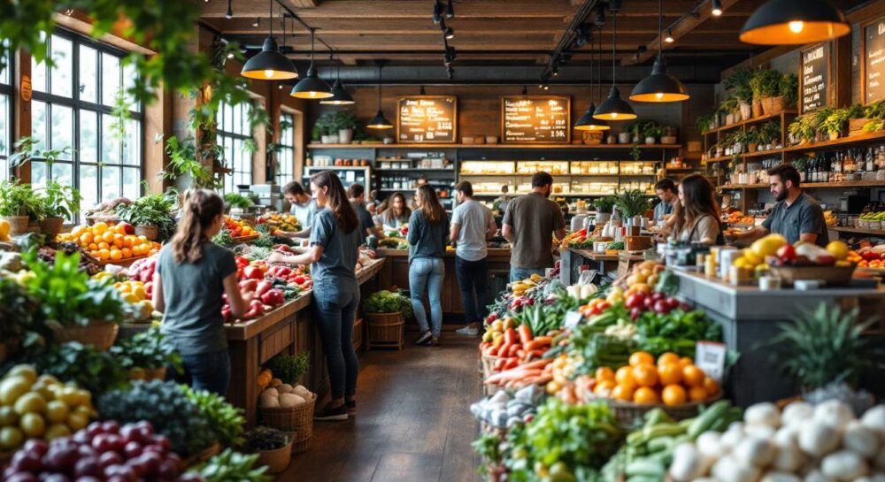 A busy grocery store filled with fresh produce and customers.
