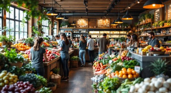 A busy grocery store filled with fresh produce and customers.