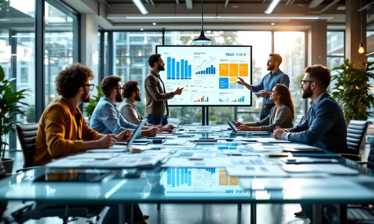 A scene depicting a team of professionals engaged in developing a Technical and Economic Justification for a project, surrounded by modern office designs, technology, and collaborative atmosphere.