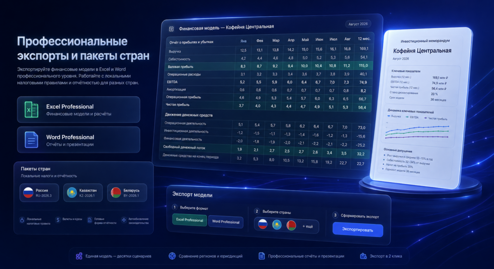 Финансовая модель онлайн TEOPlan — Dashboard с выручкой, прибылью и Cash Flow