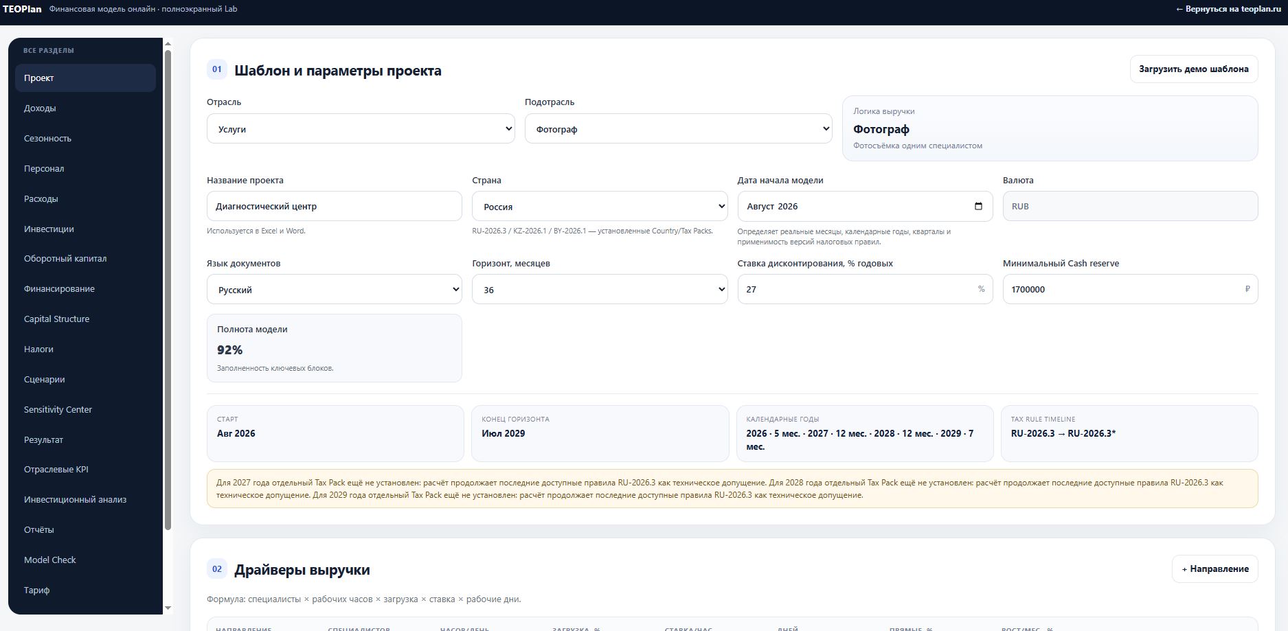 Финансовая модель онлайн TEOPlan FinModel — Dashboard с выручкой, прибылью, Cash Flow и окупаемостью
